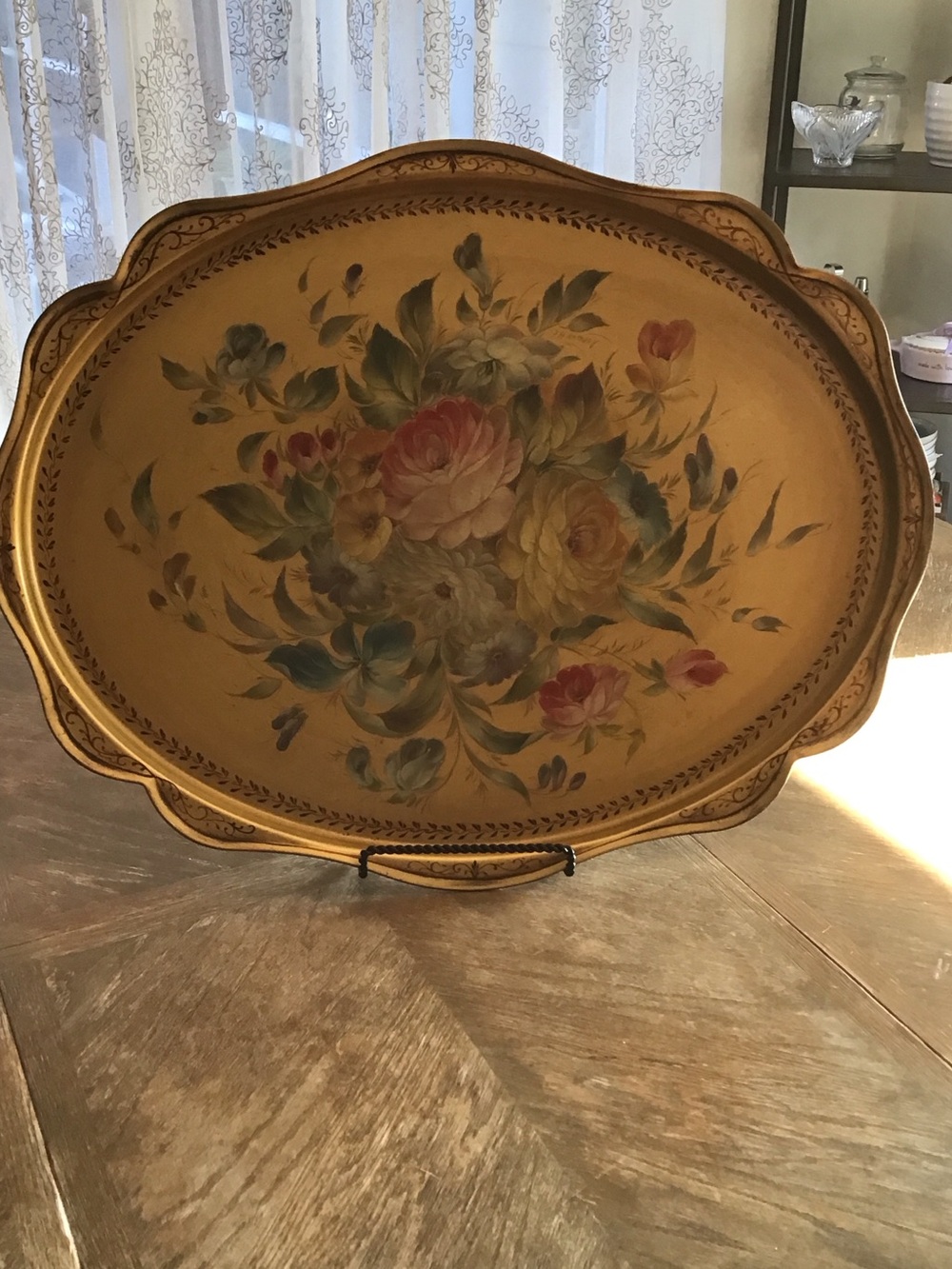 Vintage Large signed Hand-Painted Floral Decorative Tray in Mustard Yellow